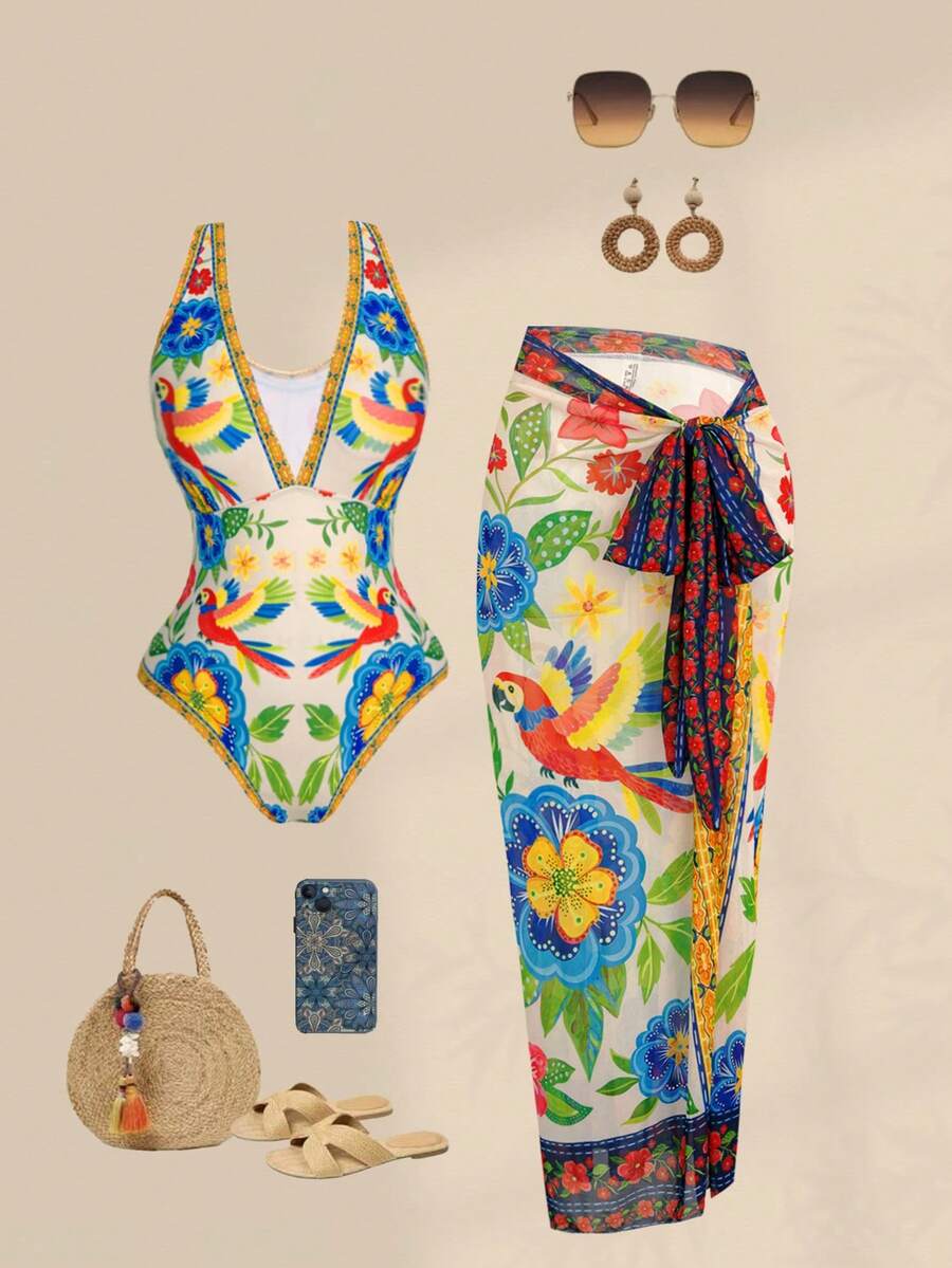 Swim Oasis 大码女士热带印花两件式泳衣，带网纱长裙，深V领设计 - 彩色 - 查看 1