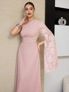 Modelyn Elegant Jacquard Fabric Asymmetrical Shoulder Waist Cinched Party Dress - Baby Pink - View 6