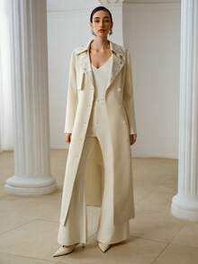 ZEYLAH 女士时尚休闲/通勤水钻装饰系带风衣式连衣裙，春秋季 - 米色 - 查看 3