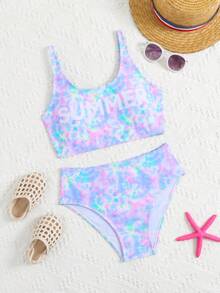 SHEIN 2件套少女彩色波浪纹弹力速干舒适针织面料沙滩装套装，适合海滩、泳池、海边、冲浪、度假、夏季、旅行 - 紫色 - 查看 3