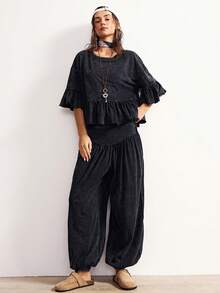 Bohemela 波西米亚风冬季圣诞节新年情人节音乐节休闲黑色针织圆领荷叶袖宽松T恤和阔腿宽松裤两件套女装 - 黑色 - 查看 3