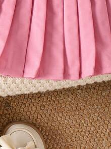 Girls' Apricot Long Sleeve Textured Top And Pleated Skirt 2 Pieces Set, Cute Bow Decor, Fashionable For Spring/Autumn - Black - View 5