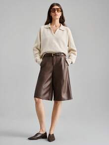 Ontre 2026春夏新款女士PU皮革开衩阔腿6英寸短裤，都市通勤商务休闲优雅派对装扮 - 棕色 - 查看 2