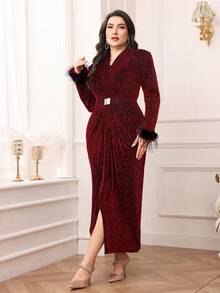 Modelyn Robe longue ajustée à manches longues de couleur unie, décontractée et pour le port quotidien - Rouge foncé - Voir 4