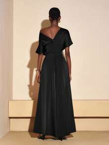 Zivah 2025 Autumn New Music Festival, Easter, St. Patrick's Day, Western, Nomadic, Birthday Party, Graduation Season, College Style, Student Wear, Casual Everyday, Basic Versatile, Casual, Vacation, Cruise Travel, Beach, Sunbathing, Viral , Streetwear, Wedding Guest Boho, Commute, Brunch, Airport, Party, Holiday Outings, Elegant Banquet Asymmetrical Shoulder Asymmetric Design Satin Jumpsuit Wide Leg Pants With Pockets - Black - View 2