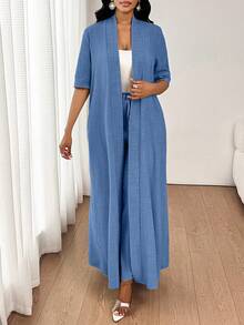 SHEIN Lady 女士优雅休闲通勤度假简约纯色长款开衫外套宽松直筒裤两件套四季 - 藍色 - 查看 4