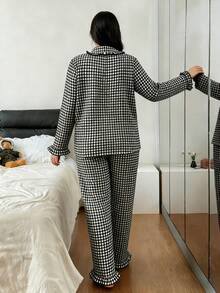 加大码格子翻领睡衣套装