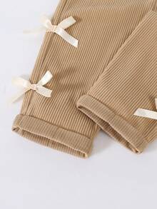 Baby Girls' Casual Style Denim Bib Pants, Khaki Color With Bow Decor, Loose Straight Leg, Soft & Comfortable Fabric, Versatile For Everyday Wear, Suitable For Spring, Summer, Autumn And Winter - Khaki - View 5