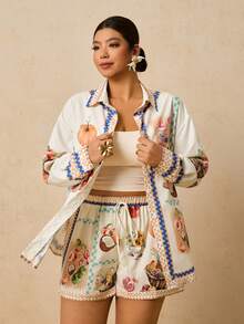 Travachic Plus Size Women's Fruit & Floral Print Elastic Waist Shorts,Beige Boho Summer Beach Holiday Early Spring Printed Comfy Resort Wear Vacations - Multicolor - View 6
