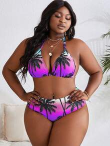 Slaydiva 大码夏季度假沙滩渐变棕榈树印花四件套比基尼泳衣套装 - 彩色 - 查看 5