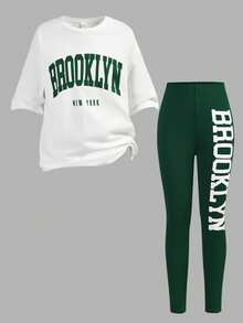 Tween Girl Casual Daily Fashion White T-Shirt Top With Green Letter Print And Green Leggings Set