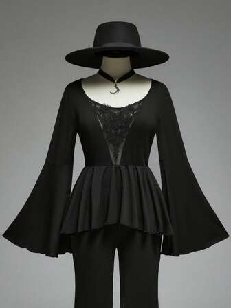 Goth Maglietta da donna stile gotico oversize con collo rotondo, maniche a campana, balze e contrasto in pizzo