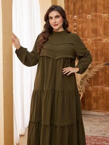 Al Najma Plus Size Women Stand Collar Long Sleeve Split Loose Casual Dress, Suitable For Spring And Autumn Daily And Outdoor Activities - Olive Green - View 5