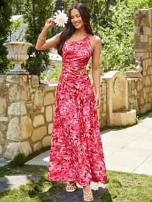 KARISMINA Vestido rosa de mujer con escote asimétrico elegante, adecuado para vacaciones de primavera/verano - Rosa - Ver 9