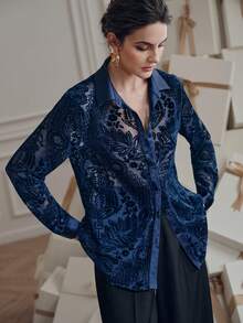 Anewsta Elegant Loose Vintage Casual Women's Blouse With Random Velvet Burnout Design And Button Details, Suitable For Christmas, Party, New Year, Valentine's Day, Wedding - Navy Blue - View 2