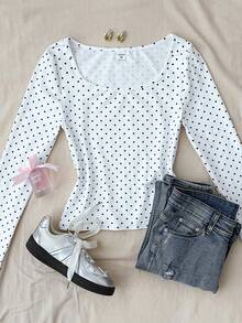 SHEIN Áo thun dài tay cổ tròn ôm sát, chất liệu dệt kim màu trắng, kiểu dáng tối giản, dành cho nữ tuổi teen, thích hợp cho mùa xuân, hè, thu, phong cách thường ngày, tạo điểm nhấn cá tính, mặc hàng ngày. Áo dài tay dễ thương, kiểu dáng ngắn tay. - Đen và trắng - Xem 3