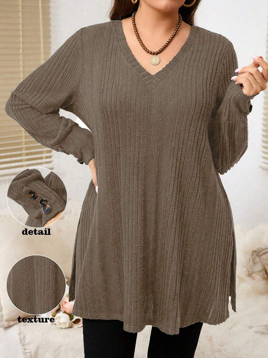 EMERY ROSE Plus Size Women's Solid Color V-Neck Long Sleeve Button Design Casual Ribbed T-Shirt - Brown - View 1