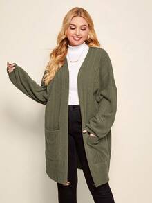 SHEIN LUNE Áo khoác dáng rộng tay dài trễ vai màu trơn có túi dành cho nữ cỡ lớn - màu nâu - Xem 1