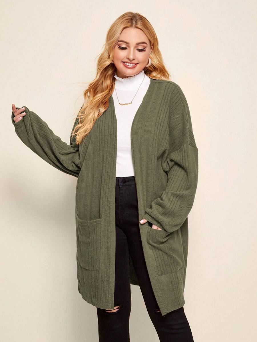 SHEIN LUNE Áo khoác dáng rộng tay dài trễ vai màu trơn có túi dành cho nữ cỡ lớn - màu nâu - Xem 1