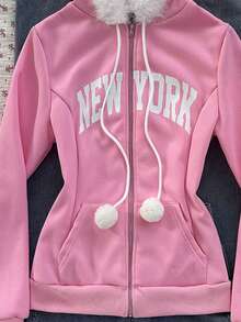CovetEZ Áo sweatshirt nữ mùa Thu/Đông mới về, kiểu dáng Clean Girl ngọt ngào, thoải mái, ấm áp, chủ đề Giáng sinh, in chữ New York dễ thương, có lớp lót giữ nhiệt và cổ áo phối màu, màu hồng. - Hồng - Xem 3