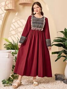 SHEIN Đầm xòe eo họa tiết hình học cổ tròn màu đỏ trơn đơn giản dành cho bé gái tuổi teen, đầm xuân thu cho bé gái, trang phục thường ngày - Đỏ - Xem 4