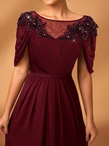 Serin Women's Elegant Gray-Pink Chiffon Fabric Round Neck Sheer Long Sleeve Ruched Sequin Applique Micro-Mermaid Hem Dress, Suitable For Mother Of The Bride Wedding, Formal Events, Music Festivals, Parties - Burgundy - View 4