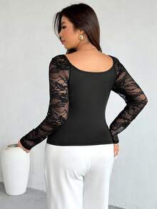 Firerie 大码蕾丝拼接甜心领性感长袖女式衬衫 - 黑色 - 查看 3