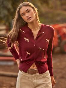 WESTFADE Horse Jacquard Crew Neck Long Sleeve Button Front Relaxed Knit Cardigan Sweater Winter, Boho, Western Wear, Holiday, Christmas, NYE, New Year, Nashville Cowgirl, Casual, Cute - Burgundy - View 4
