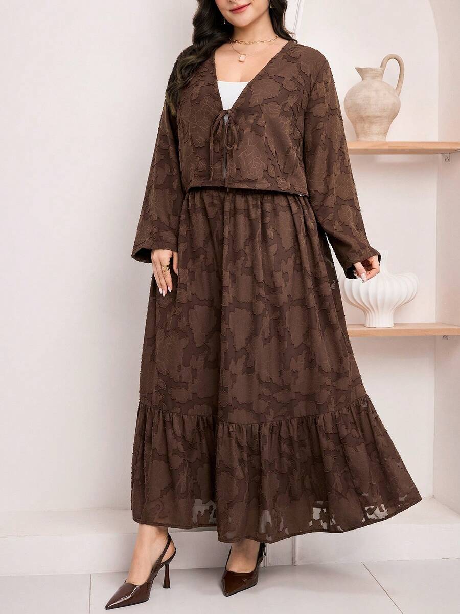 Veilorie 大码女式春秋季休闲度假风纯色提花V领系带喇叭袖上衣和半裙阿拉伯套装 - 摩卡棕 - 查看 1