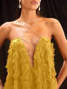 Glamine Women Loose Strap Backless Rhinestone Feather Decor Dress For New Year Clothes - Yellow - View 4
