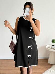 Lounesse Plus Size Elegant Black And White Summer Dress,Fitted Sleeveless Crew Neck Bowknot Side Slit Sundress For Women,Date Night Casual Spring Outfit - Black and White - View 3