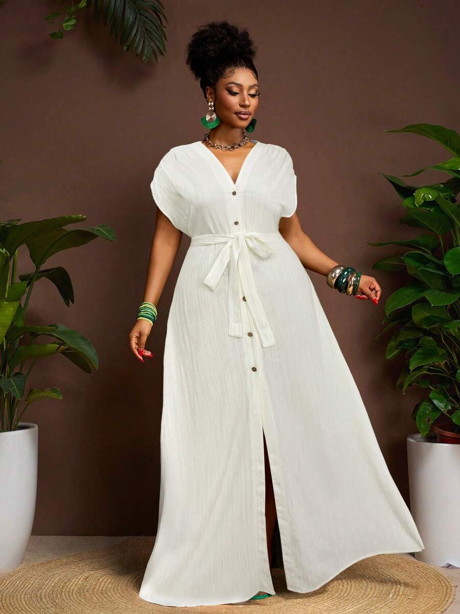 Veslaya Vestido casual versátil con volantes y cintura anudada de manga corta, adecuado para Pascua, estilo occidental, playa, boho, uso diario, primavera/verano, tallas grandes, ropa de resort de tallas grandes, atuendos blancos de tallas grandes - Blanco - Ver 1