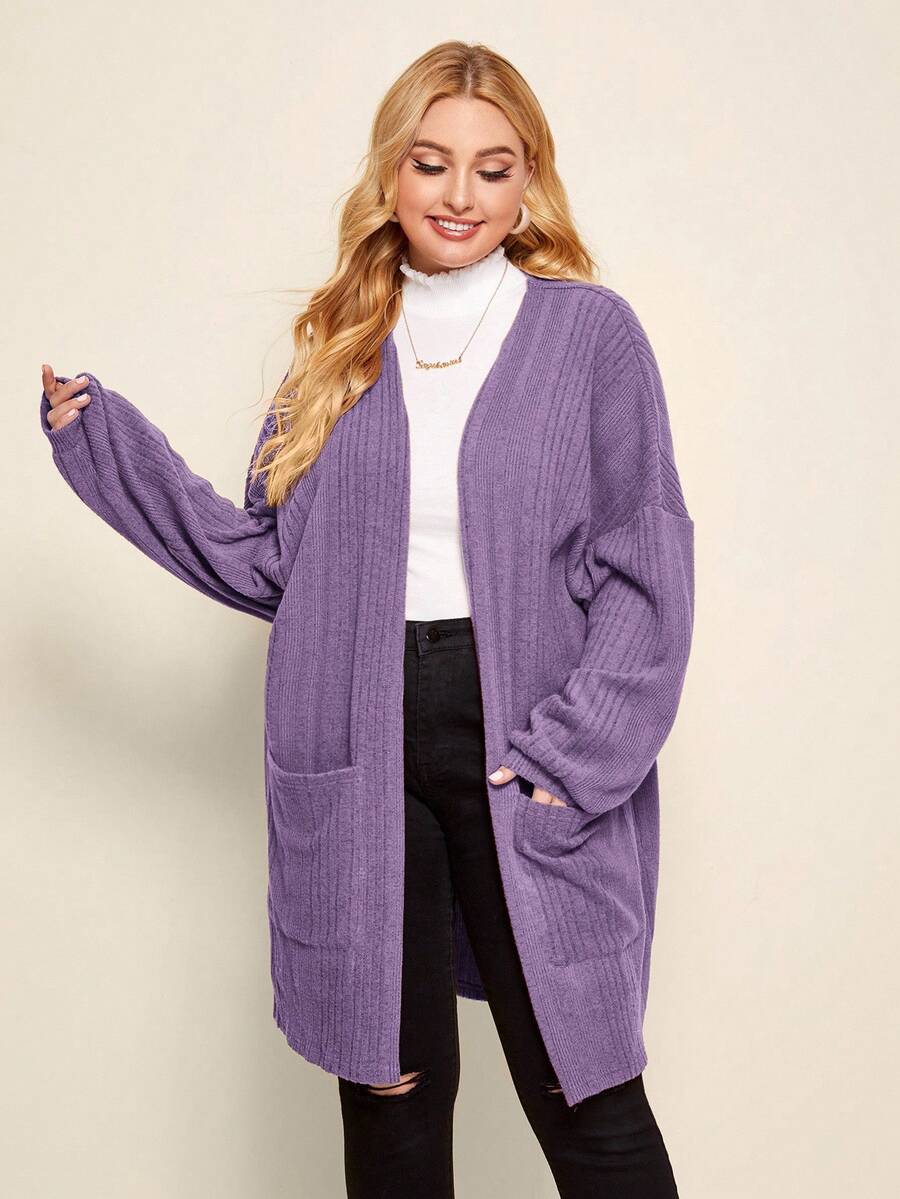 SHEIN LUNE Áo khoác dáng rộng tay dài trễ vai màu trơn có túi dành cho nữ cỡ lớn - Màu tím - Xem 1
