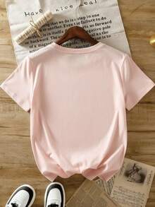 Mujer casual blusa temática con impresión "Happy Valentine's Day" de corazones, tejido suave y cómodo, diseño holgado, cuello redondo, manga corta, primavera verano, ideal para salidas, reuniones y celebraciones, blusa - Rosa - Ver 2