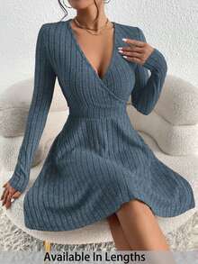 SHEIN Tall CURVE Plus Size Solid Color Deep V-Neck Crossed Wrap Ribbed Long Sleeve Dress New Years Women Outfit - Blue - View 1