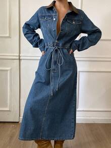 Livesso 女士休闲直筒裤/裙，撞色拼接设计，收腰剪裁，大口袋，适合街头、户外、商务休闲场合穿着，春夏秋季皆宜。 - 深色水洗藍 - 查看 2