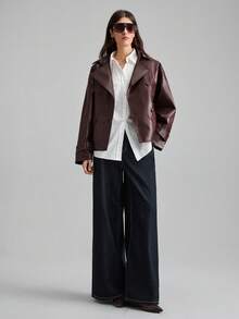 Ontre 2025新款秋冬女式外套，宽松版型，纯色酒红色，商务休闲，通勤，日常穿着，适合万圣节、圣诞节、情人节、感恩节、婚礼宾客等场合，长袖，办公穿着，带口袋，PU皮革材质，舒适，简约，优雅，都市时尚，超大翻领，百搭女式外套 - 酒紅色 - 查看 3