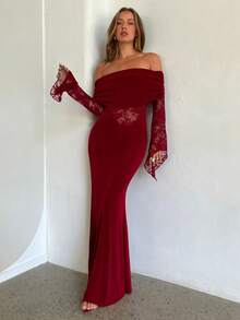Aloruh Vestido Longo de Manga Comprida com Ombros à Mostra, Renda, Manga Flare e Bainha de Sereia, Vermelho, Ideal para Natal e Ano Novo, Vestido Romântico para Encontros no Dia dos Namorados - Vermelho - Visão 3