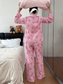 SHEIN 女士领结条纹印花长袖睡衣套装 - 彩色 - 查看 5