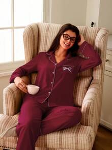 SHEIN 撞色滚边纯色领口蝴蝶结刺绣口袋女士睡衣套装 - 酒紅色 - 查看 3