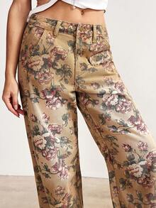 Bohemela BOHO Vacation Casual Country Style Printed Brown Denim Women Pants - Mocha Brown - View 7