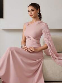 Modelyn Elegant Jacquard Fabric Asymmetrical Shoulder Waist Cinched Party Dress - Baby Pink - View 7