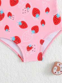 1件女婴草莓印花荷叶边肩部弹力速干舒适针织面料连体泳衣，适合海滩、泳池、海边、冲浪、度假、夏季旅行 - 粉色 - 查看 5