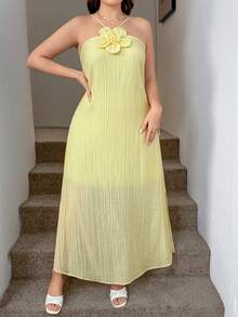 SHEIN LUNE Plus Size Women Solid Color 3D Floral Decor Elegant Halter Neck Dress  Yellow Dress Comfortable And Versatile - Yellow - View 10