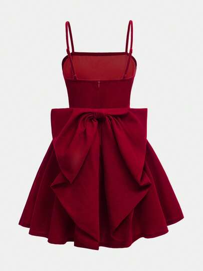 SHEIN Girlism Tween Girl Elegant Solid Red Back Big Bowknot Straps Cami Dress, Suitable For Party Wear, For Valentine's Day