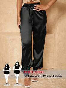 SHEIN PETITE CURVE 大码纯色打结休闲百搭七分裤，黑色缎面裤，黑色长裤，外出休闲女装 - 黑色 - 查看 1