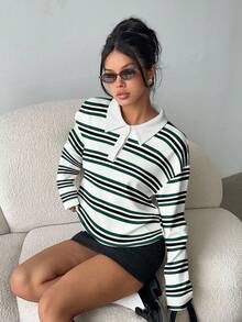 Aloruh ملابس علوية بولو مخططة للنساء للخريف/الشتاء، ملابس علوية بقصة مزدوجة، مخططة باللون الأخضر، بطراز كولدج، ملابس خارجية كاجوال عصرية جديدة