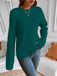 EMERY ROSE Áo len dệt kim cổ tròn màu trơn ấm áp cho nữ, mùa thu/đông - Màu xanh lá cây đậm - Xem 4