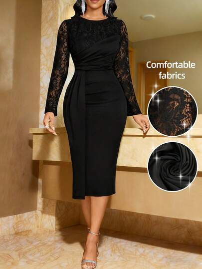SHEIN Lady Vestido elegante de longitud media con cuello redondo, manga larga, plisado y ajustado con encaje de contraste para mujer