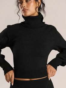 MUSERA 不对称翻领纽扣领口，泡泡袖收口针织套头衫，冬季针织衫，休闲外出日常夜生活性感可爱舒适时尚春季款 - 黑色 - 查看 6